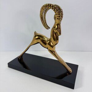 Vintage Brass Ibex Ram Figure Black Base 9.25" tall